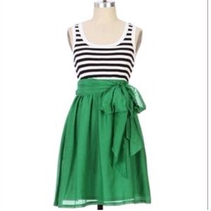 Anthropologie Black and White Striped Top with Green Skirt Mini Dress